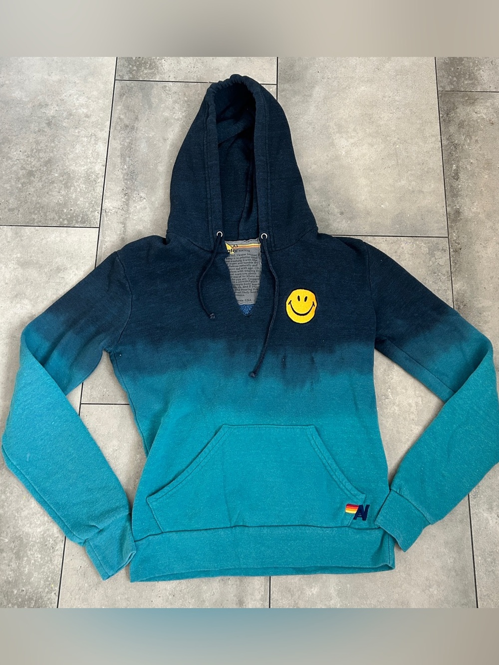 Aviator Nation blue green ombre pullover hoodie smile face XS